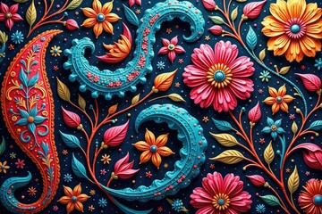 Wall Mural - intricate paisley floral pattern in vibrant hues, vibrant, swirl, beautiful