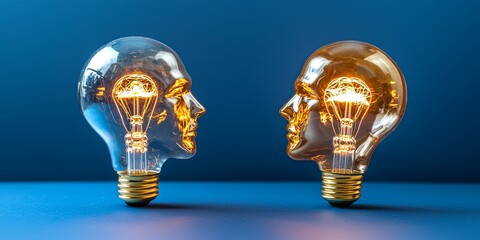 Poster - Two gears, each housing a miniature human head, their internal structures resembling light bulbs, forming a symbolic representation of innovation and creativity.