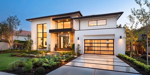 Aufkleber - A sleek model home, its windows showcasing the interior s allure, served as a stage for a crucial moment: a face-to-face meeting between a customer and a real estate agen
