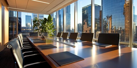 Leinwandbilder - In a dynamic urban office, where towering skyscrapers pierced the cerulean sky, a modern business meeting unfolded, a symphony of ideas, strategic discussions, and collab
