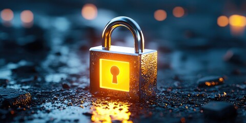 Leinwandbilder - In a dimly lit digital space, a glowing, obsidian-like padlock stood sentinel, its surface shimmering with an internal light, symbolizing the impenetrable fortress of cyb