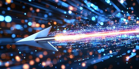 Poster - A sleek, futuristic silver arrow, tipped with a glowing energy core, streaks forward into the unknown, symbolizing innovation and progress in technology, leaving a trail
