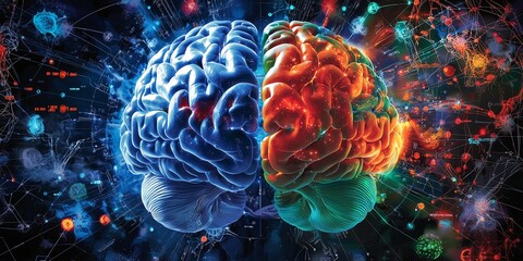 Poster - A vibrant, abstract canvas depicting the human brain, with the right hemisphere pulsating in shades of vibrant blue and the left hemisphere radiating in calming greens.