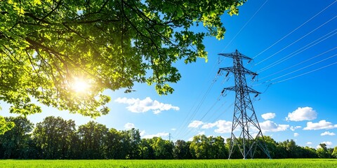 Poster - A majestic electric transmission tower, its steel frame silhouetted against a cerulean sky, stands tall amidst a verdant forest, a symbol of modern progress in the heart
