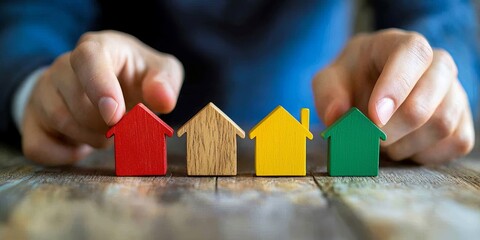 Aufkleber - A real estate agent presents a selection of homes to potential buyers, alongside mortgage loan contracts, including a hire purchase agreement and a sale of house contract