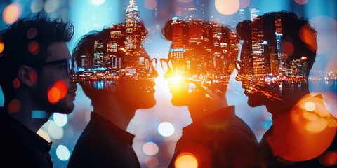 Aufkleber - A dynamic team of diverse professionals, their faces illuminated by the soft glow of computer screens, collaborating seamlessly in a modern office space, their silhouette
