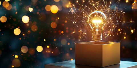 Poster - A sleek, geometric open box, crafted from low-poly triangles, reveals a glowing lightbulb at its heart, a symbol of innovation and creativity.