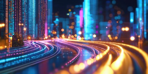 Poster - A futuristic cityscape unfolds, where a sleek, digital highway path snakes through towering, binary-infused structures, symbolizing the interconnectedness of big data and