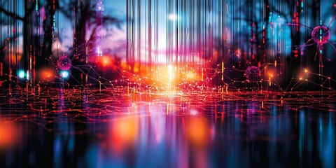 Fototapete - A digital tapestry of data streams flows through a vast network, its threads forming interconnected nodes representing blockchain data fields. Lines of code connect the s