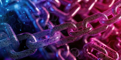 Poster - A digital tapestry of encryption text and intricate chain links unfolds against a dark backdrop, symbolizing the complex and secure processes of data processing and cyber