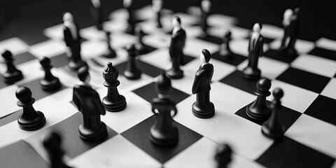 Leinwandbilder - A meticulously laid chessboard, its squares representing a strategic business terrain.  Pieces representing a diverse team, their movements and interactions reflecting th