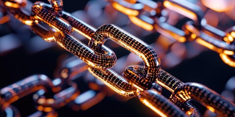 Poster - A digital tapestry of encryption text and intricate chain links unfolds against a dark backdrop, symbolizing the complex and secure processes of data processing and cyber