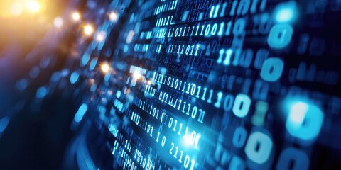 Poster - A sea of binary code, in shades of electric blue, shimmered across the cold, metallic surface of a computer monitor, hinting at the vast power hidden within the matrix.