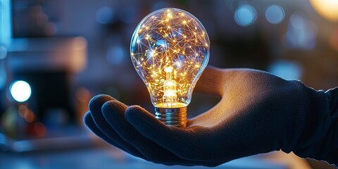 Fototapete - A businessman s gloved hand cradles a radiant, translucent light bulb, its intricate mesh light lines casting an ethereal glow. The bulb symbolizes future technology, alt