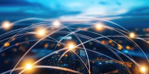 Fototapete - A sleek, transparent network, woven with threads of light, stretched above a sprawling cityscape, symbolizing the interconnectedness of the modern world, where the future