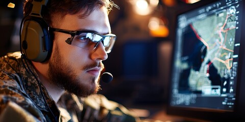 Leinwandbilder - A U.S. Army communication officer, clad in camouflage and headset, navigates a tactical environment illuminated by dim, strategic lighting, his face focused on a high-tec