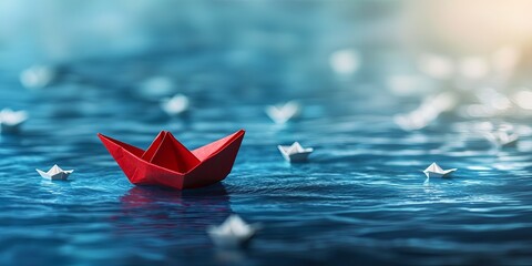Leinwandbilder - A lone red paper boat, its prow cutting a bold path through a vast blue sea, leads a flotilla of smaller, white boats, symbolizing leadership, focus, and strategic direct