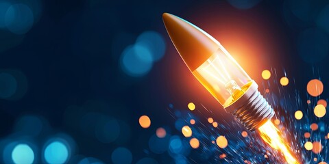 Fototapete - A rocket ascends into the vast expanse, its fiery trail illuminated by a stylized light bulb infographic depicting a groundbreaking business startup, symbolizing innovati