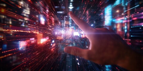 Aufkleber - A futuristic cityscape, where data streams like veins of a digital network, converge to form a global metaverse. A human hand, connected to this digital world, interacts