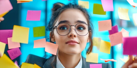 Aufkleber - A young businesswoman, her eyes sparkling with determination, leads a team of engaged colleagues as they collaborate, their sticky notes forming colorful pathways of idea