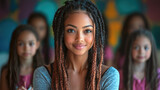 confident young woman with braided hair smiles warmly, surrounded by girls in background. colorful backdrop adds vibrant touch to scene