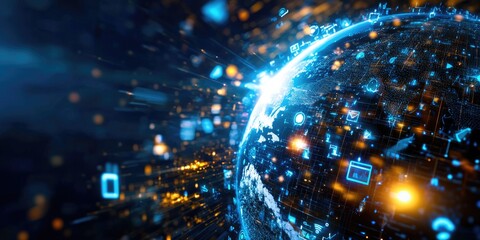 Poster - A digital planet earth, its surface a kaleidoscope of interconnected tech devices and icons, symbolized humanity s digital footprint and our relationship with the planet.