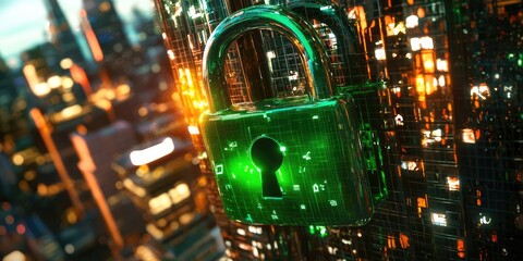 Aufkleber - A menacing green padlock, a symbol of internet security breach, looms ominously over a digital cityscape, a stark reminder of the vulnerability of online data.