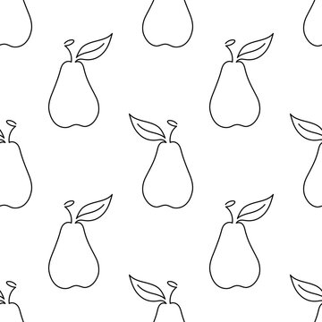 Pear fruit seamless pattern. Single line illustration. Line art Pear. One line Pear texture. Vector Outline fruit isolated on white background. Textile, fabric, texture design