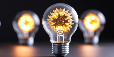Fototapete - A sleek, minimalist lightbulb, its glass globe adorned with intricately connected gears, a testament to human ingenuity and creativity, promising to illuminate our world