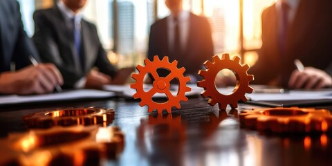 Aufkleber - In a bustling boardroom, two figures, clad in crisp suits, joined gears together, symbolizing collaboration and the intricate mechanics of teamwork that drive progress an