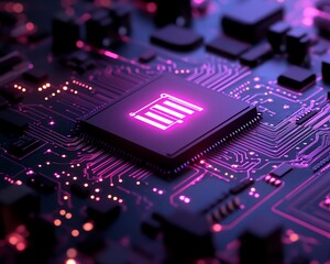 Poster - Closeup of a glowing AI chip, advanced computing technology with purple circuit board elements, representing artificial intelligence and digital innovation