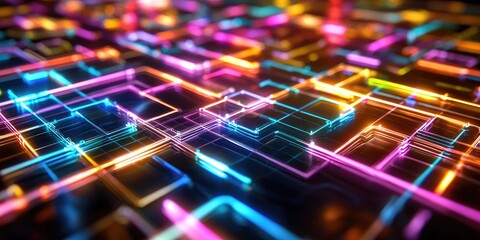 Leinwandbilder - A grid of interconnected squares, symbolizing the intricate network of the blockchain, stretches across a digital canvas, illuminated by an array of vibrant colors that s