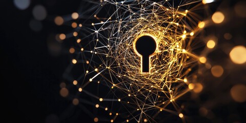 Aufkleber - A stylized keyhole, a symbol of digital security, encircled by an intricate network of interconnected lines, signifying the protection and confidentiality of data.