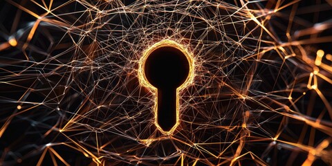 Aufkleber - A stylized keyhole, a symbol of digital security, encircled by an intricate network of interconnected lines, signifying the protection and confidentiality of data.