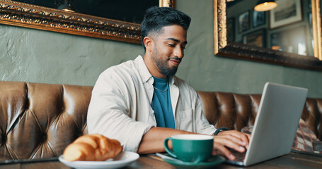 Aufkleber - Coffee shop, remote work and business man on laptop for online planning, writing proposal and research. Freelancer, restaurant and person typing on computer for website, project review and internet