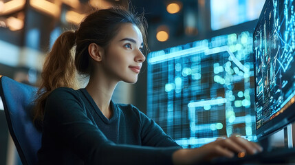 Poster - young woman is focused her work computer, surrounded by digital screens displaying data and graphics. atmosphere is modern and tech oriented, reflecting sense of innovation and concentration