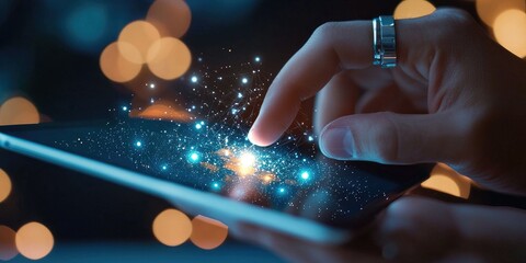 Poster - A close-up shot reveals a hand, adorned with a silver ring, meticulously tapping away on a sleek, futuristic tablet, its screen displaying a dynamic social media marketin