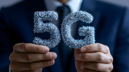 Poster - Businessman Interacting with Floating Digital 5G Technology Concept