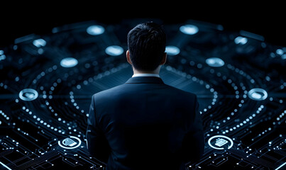 Poster - Businessman Standing in Futuristic Environment with Digital Interface