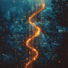 Aufkleber - glowing DNA helix spirals through misty cityscape, blending nature and technology. vibrant lights illuminate urban environment, creating surreal atmosphere