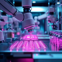 Poster - Automated Pharmaceutical Production: Robotic Arm Dispensing Capsules in Futuristic Lab Environment with Teal and Pink Lighting