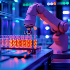 Poster - Automated Pharmaceutical Lab: Robotic Arm Filling Vials with Glowing Substance Under Neon Lights, Advanced Technology