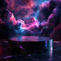 Poster - Cosmic Marble Stage: A Platform to Showcase Brilliance Amidst a Vibrant Nebula of Pink, Blue, and Sparkling Stars