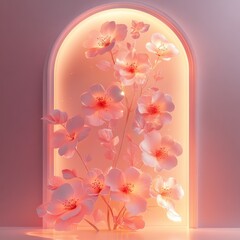 Poster - Floral Radiance: Illuminated Flowers in an Archway of Light, a Delicate Dance of Nature and Artificial Illumination