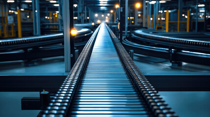 Aufkleber - conveyor belt in factory setting, showcasing long, metallic surface with sleek design. environment is illuminated with soft lighting, creating modern industrial atmosphere