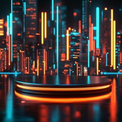 Aufkleber - Futuristic Cityscape with Neon Glow on a Circular Stage, Abstract Urban Background