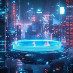 Fototapete - Futuristic Cityscape with Neon Platform: A Glimpse into Tomorrow's Urban Innovation and Technological Advancement 