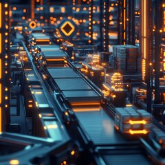 Poster - Futuristic Manufacturing: Illuminated Conveyor System with Abstract Industrial Architecture and Advanced Technology