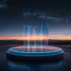 Poster - Futuristic Observatory: A Luminous Platform at Night, Reflecting the Glowing Sunset Sky and the Stars Above 