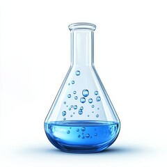 Poster - Glass Erlenmeyer Flask Filled with Blue Liquid and Bubbles, Isolated on White, Laboratory Experiment, Scientific Research, Analytical Chemistry